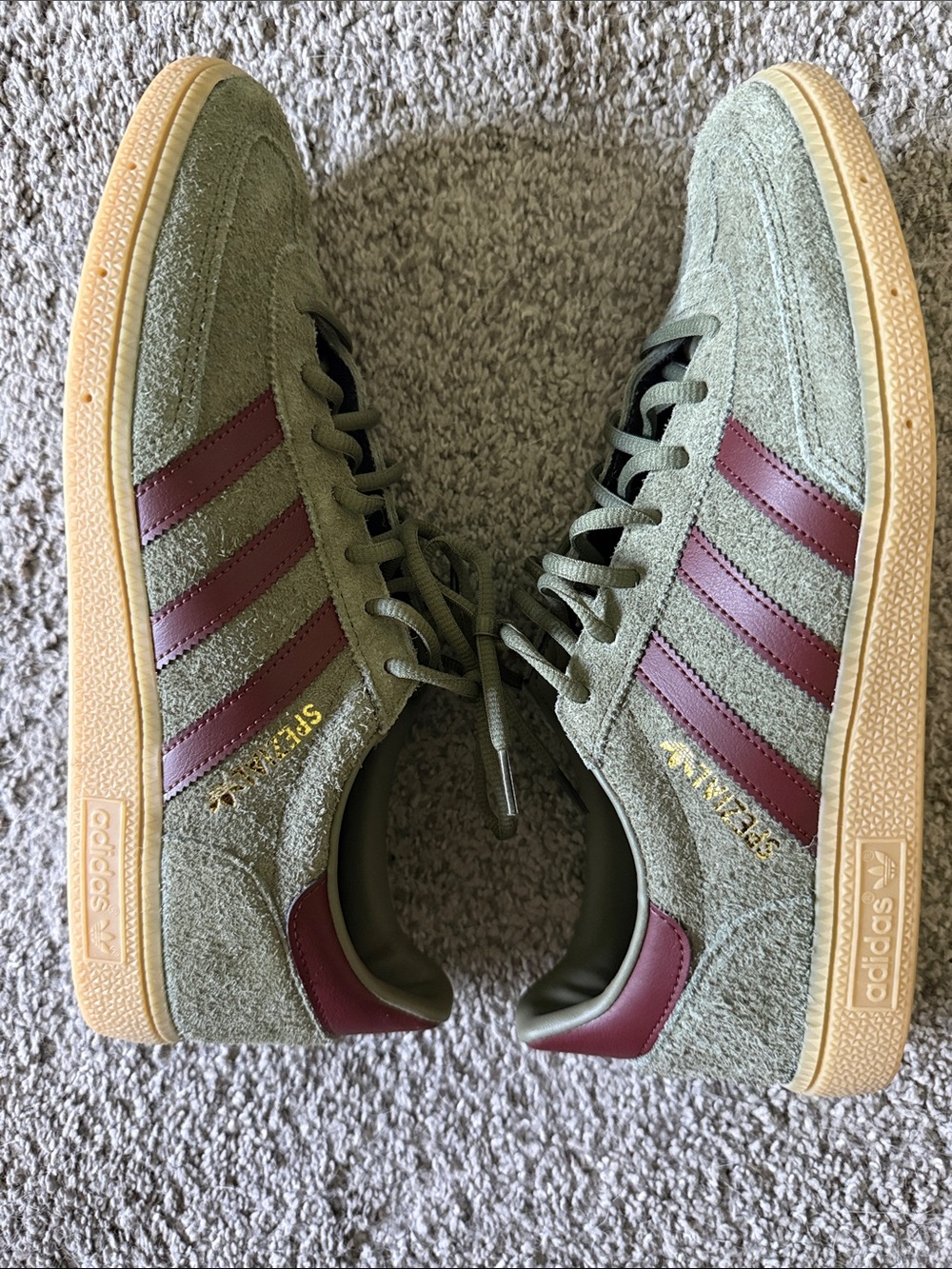 Adidas Men’s Spezials 11.5 Olive Suede with Burgundy Stripes